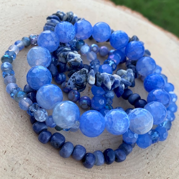 Natural Blue Agate & Kyanite Gemstone Mixed Smooth Round Bead Bracelet Stack - Picture 2 of 12